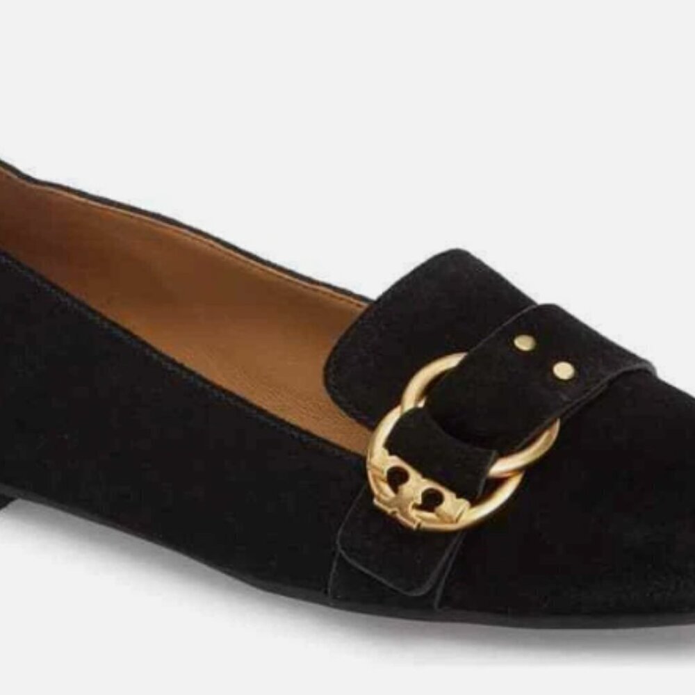 TORY BURCH MARSDEN BLACK SUEDE GOLD TONE BELTED REVA SMOKING SLIPPER FLATS 9